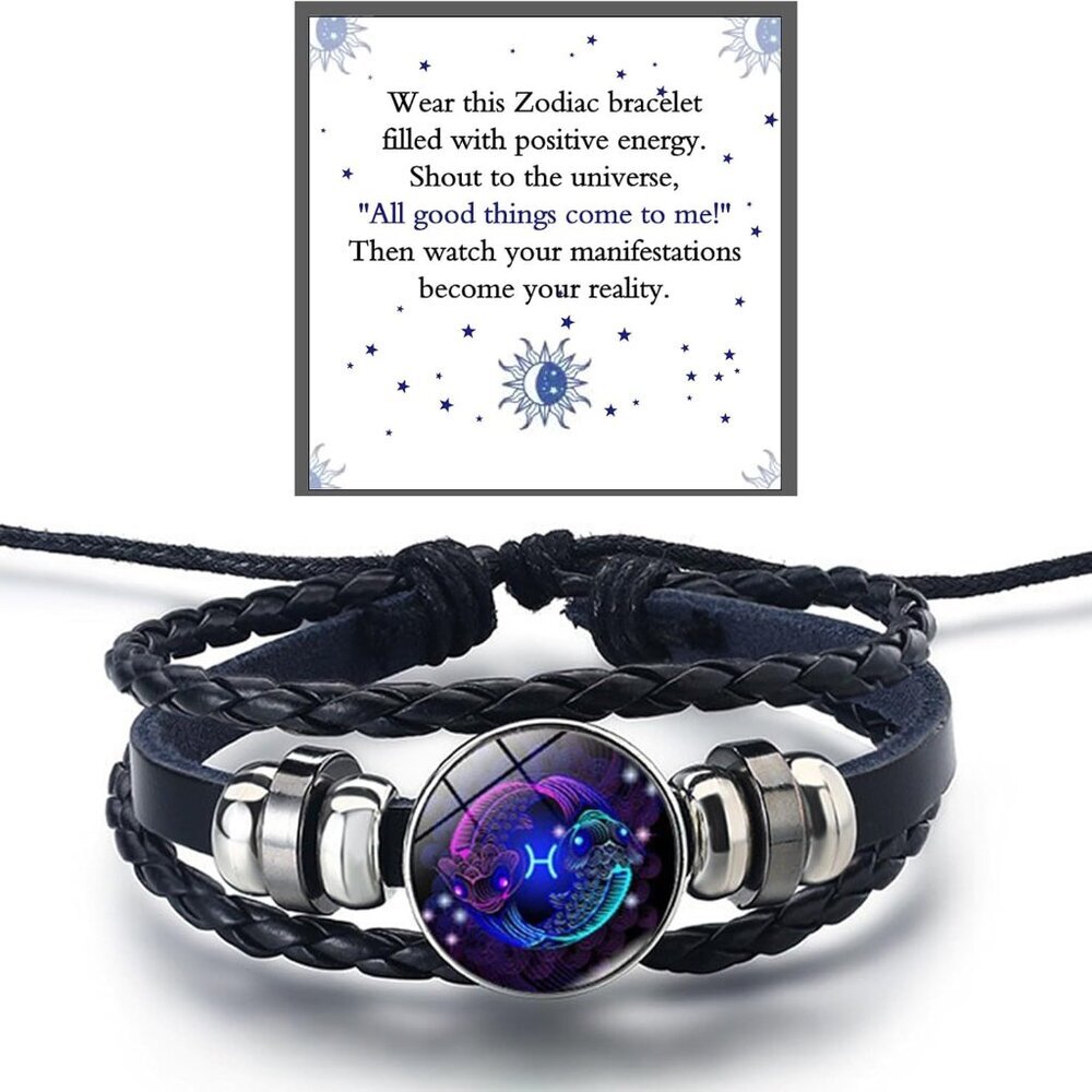 Zodiac Signs Spirit Bracelet For Women Men, 12 Constellation Leather Multilayer